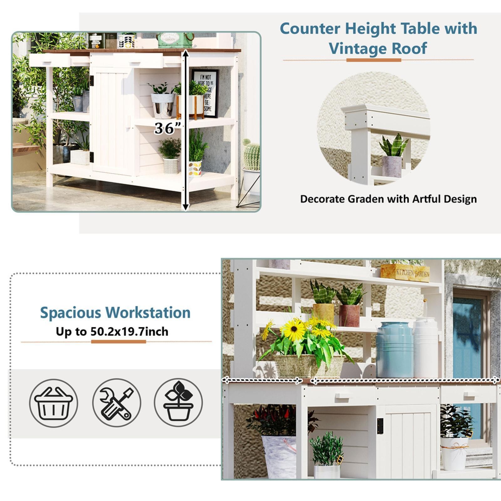 66″ Farmhouse Potting Bench, Large Outdoor Garden Table with 2 Drawers, Cabinet