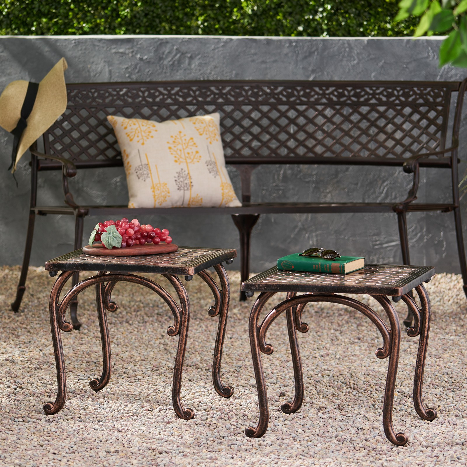 Cast Aluminum Outdoor Side Table 18″ – Weathered Copper Finish, Cabriole Legs
