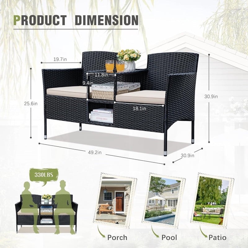Outdoor Patio Loveseat Black Wicker 2-Seat Patio Set with Cushions & Center