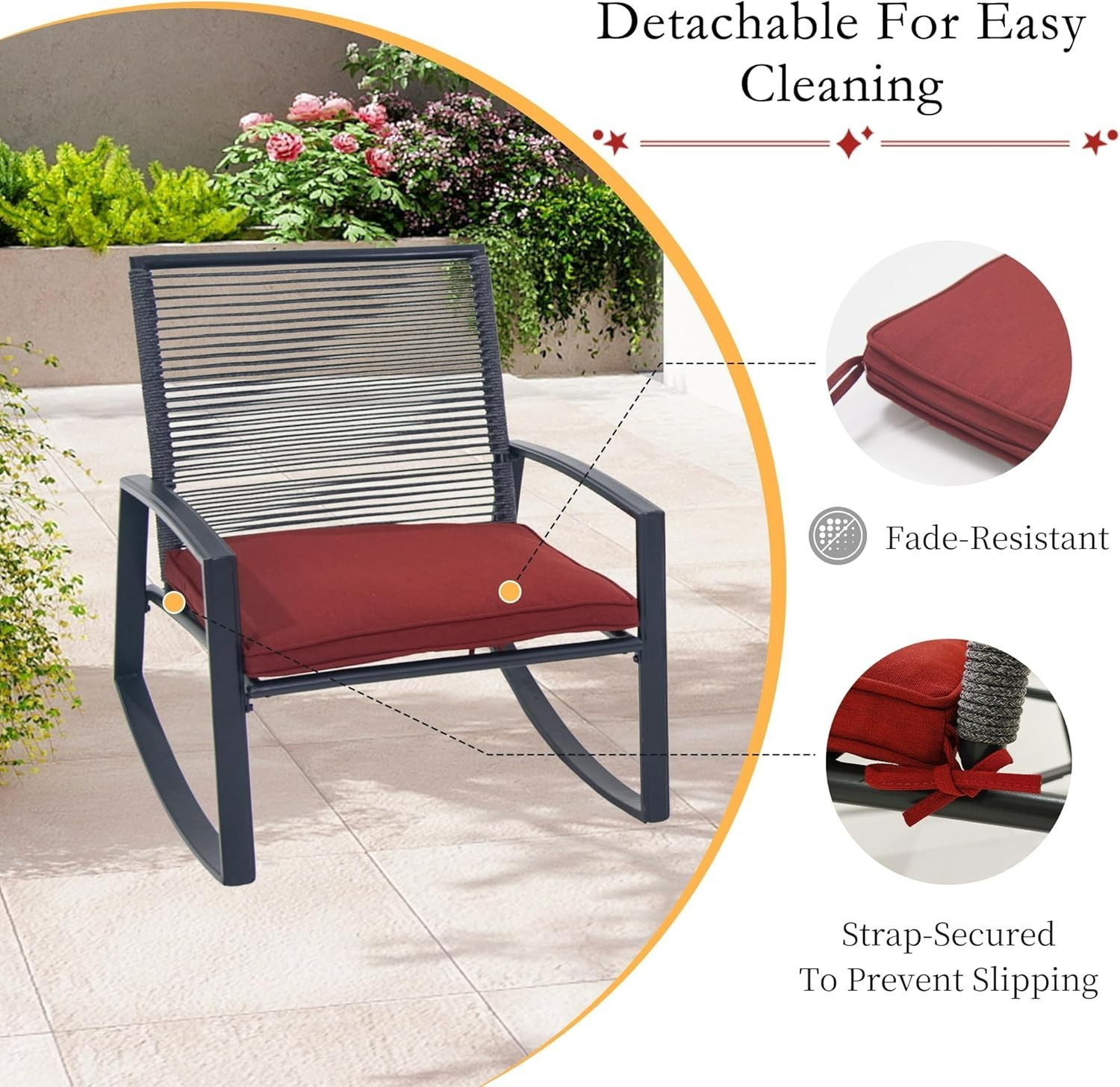 Domi 3-Piece Wicker Rocking Chair Set w/ Cushions & Table for Backyard,Red