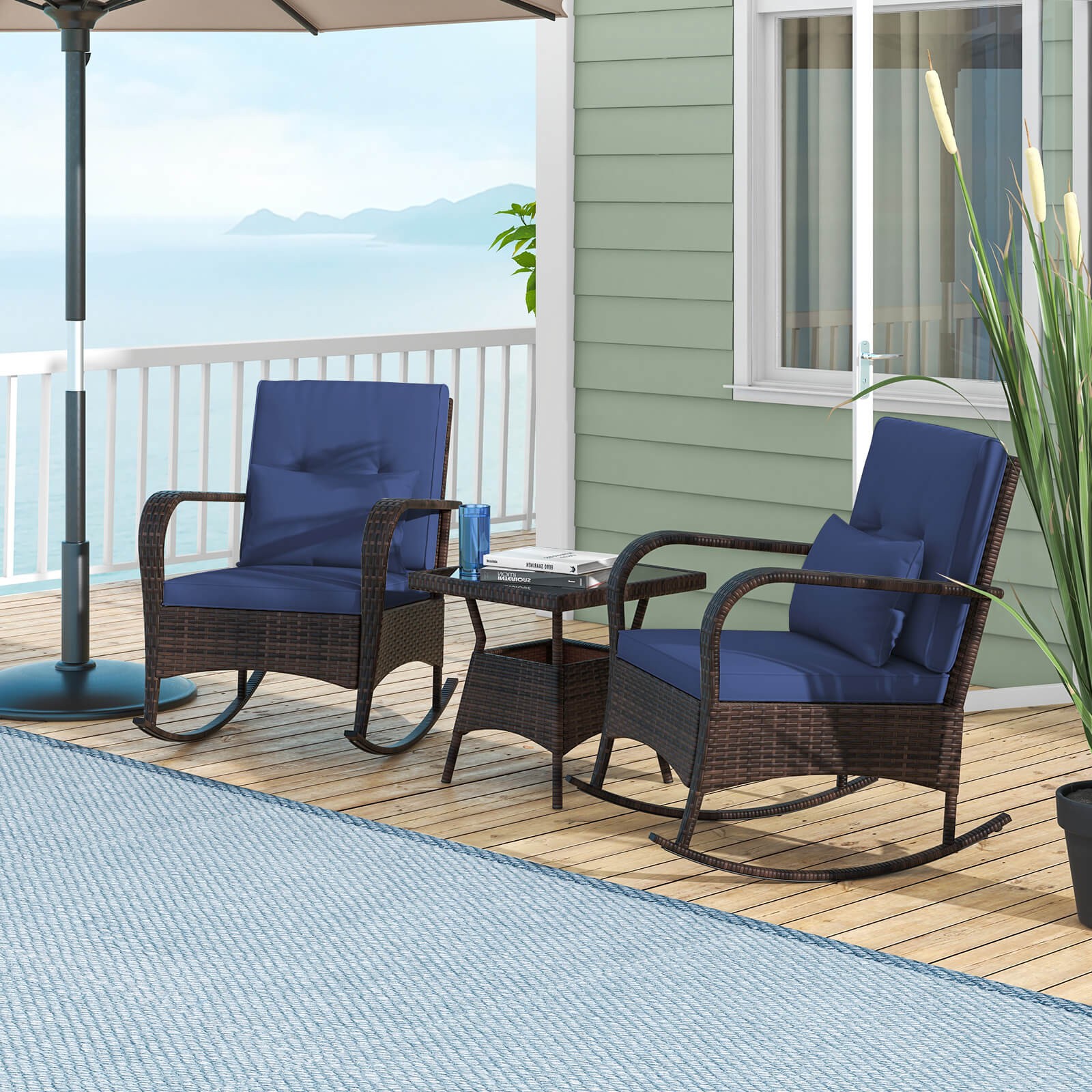 3 PCS Rocking Bistro Set w/Removable Cushions & Tempered Glass Top Coffee Table
