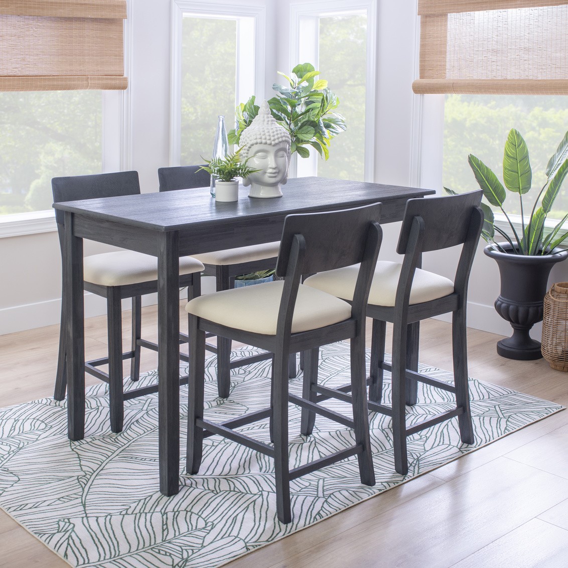 Linon Jordan Upholstered Five Piece Tavern Set in Rustic Dark Charcoal Wood