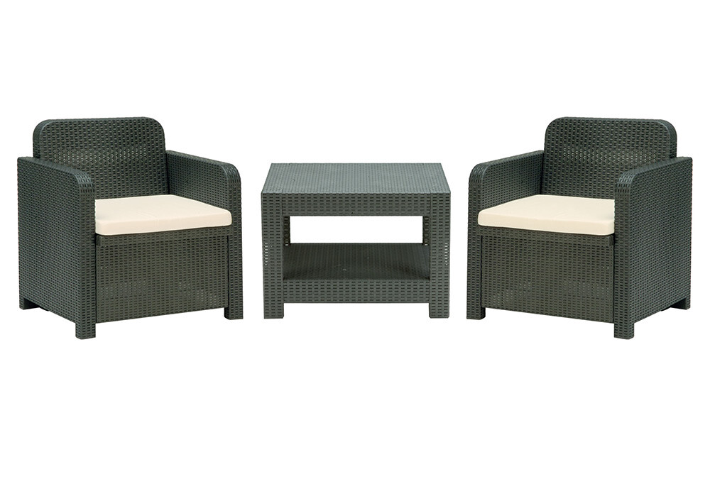 Italian Patio Furniture Set 2 Chairs, Coffee Table Poly Rattan – Anthracite Grey