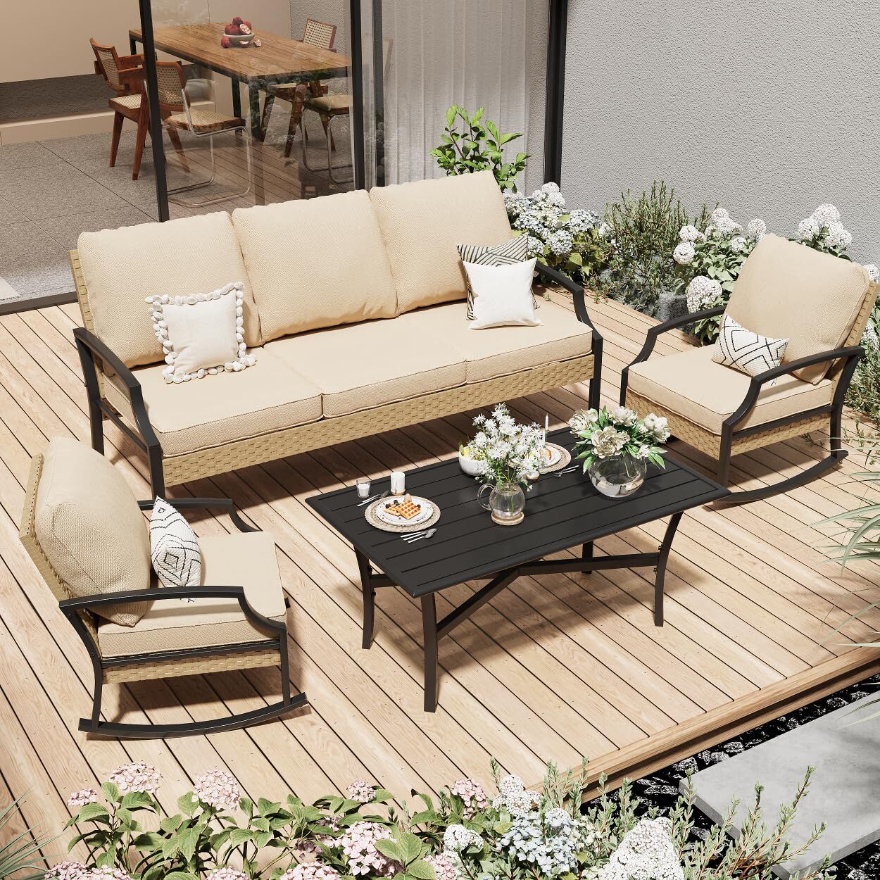 Outdoor Patio Rattan Conversation Furniture Set with Coffee Table, Rocking Chair