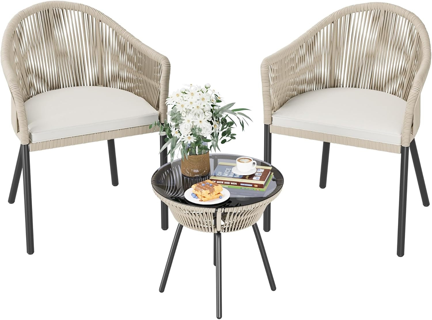Devoko Patio Furniture Set 3 Pieces Rope Woven Bistro Set Outdoor Conversation S