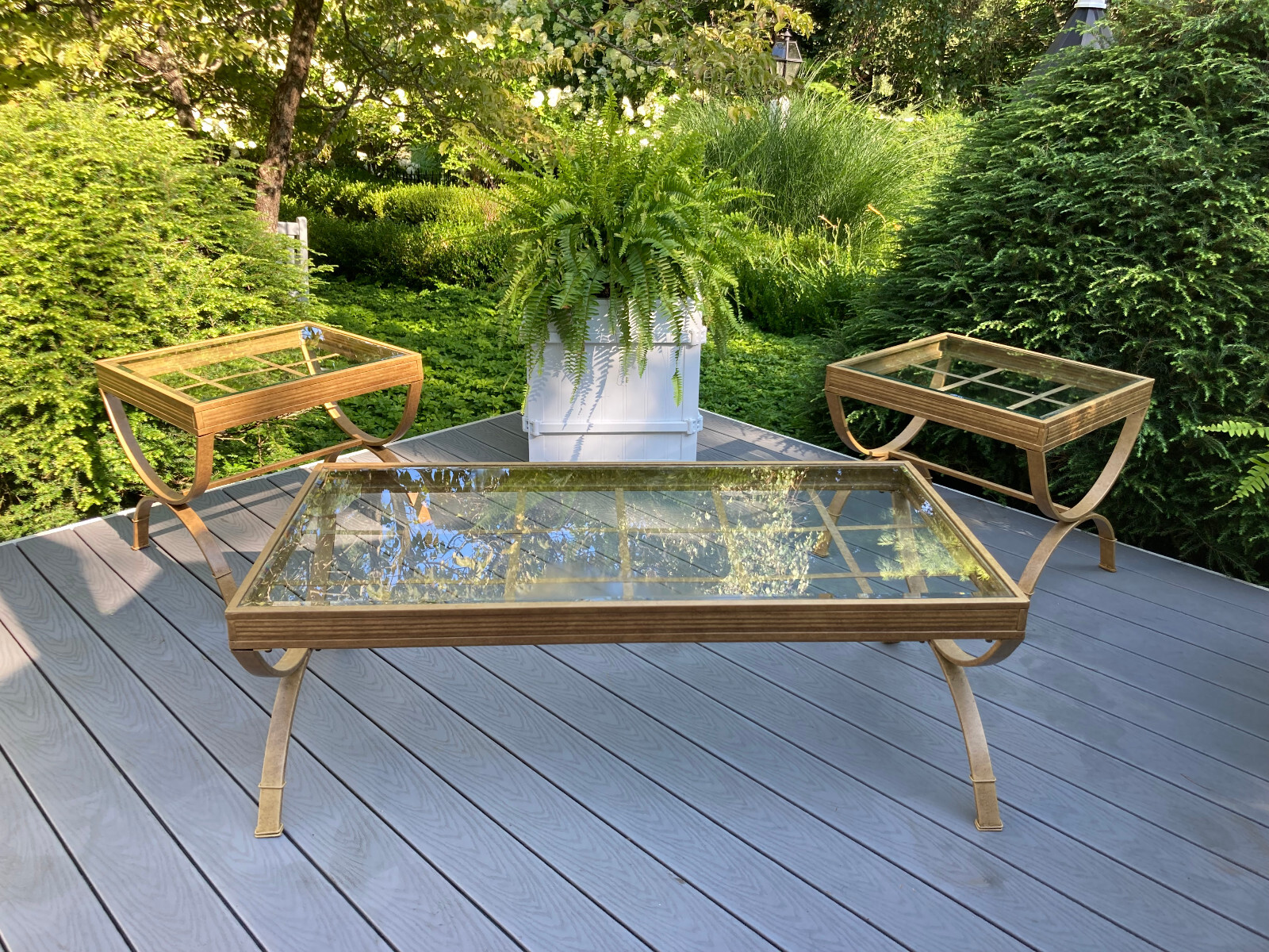 3 RESTORATION HARDWARE INDOOR OUTDOOR STEEL GLASS PATIO DECK COFFEE & END TABLES