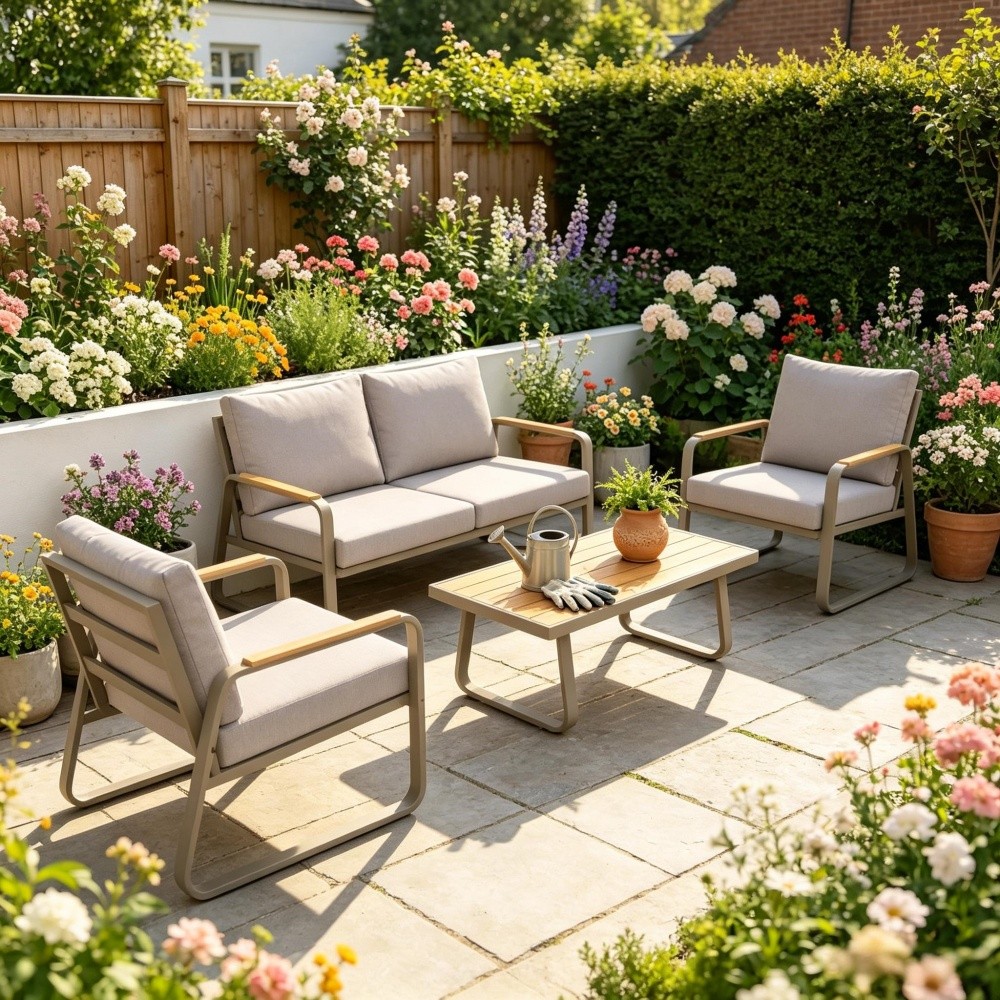 4-Piece Patio Furniture Set w/ Cushions, Brown/Beige, 110″L x 63″W