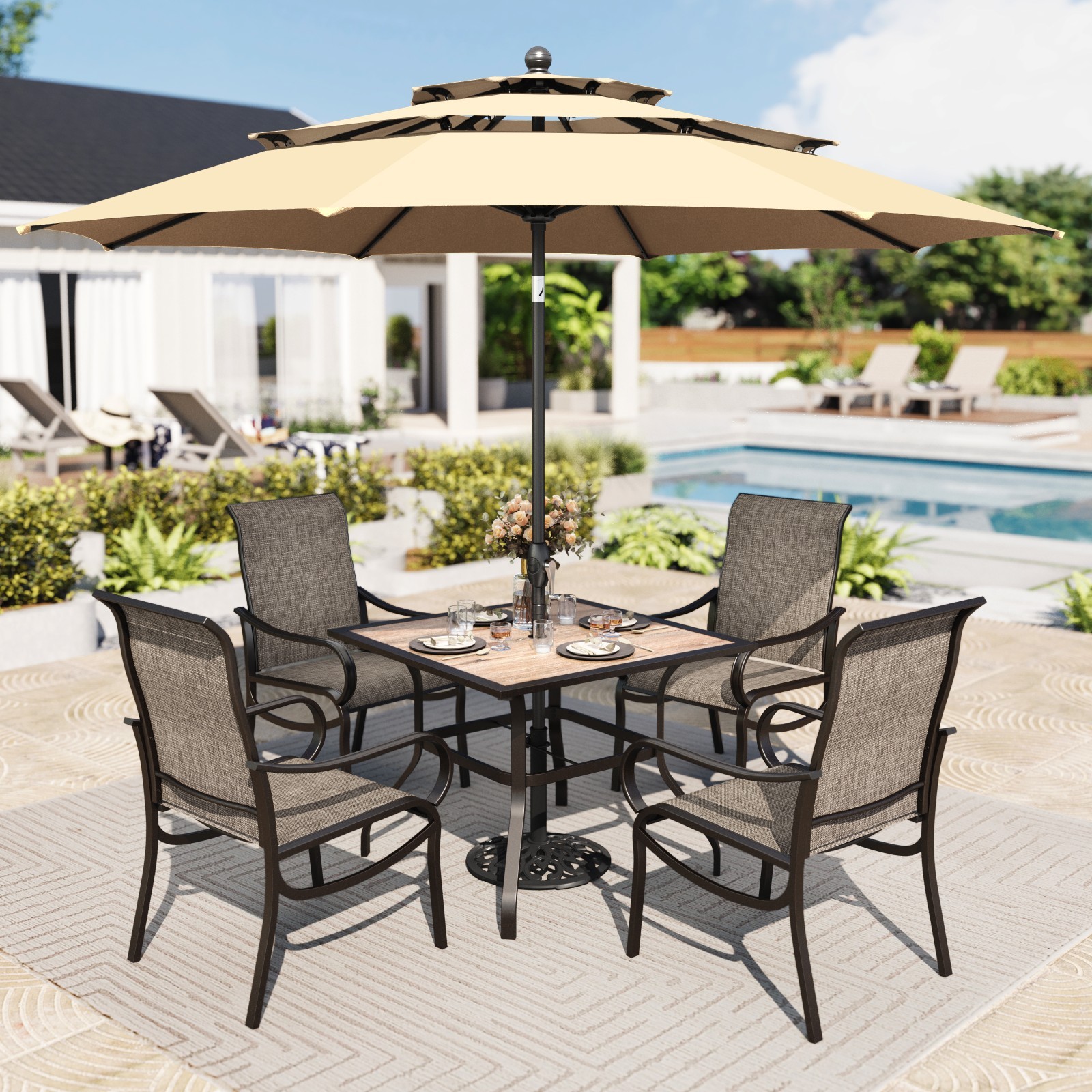 6 Piece Patio Table Chairs Set Outdoor Dining Set with Umbrella for Yard Lawn
