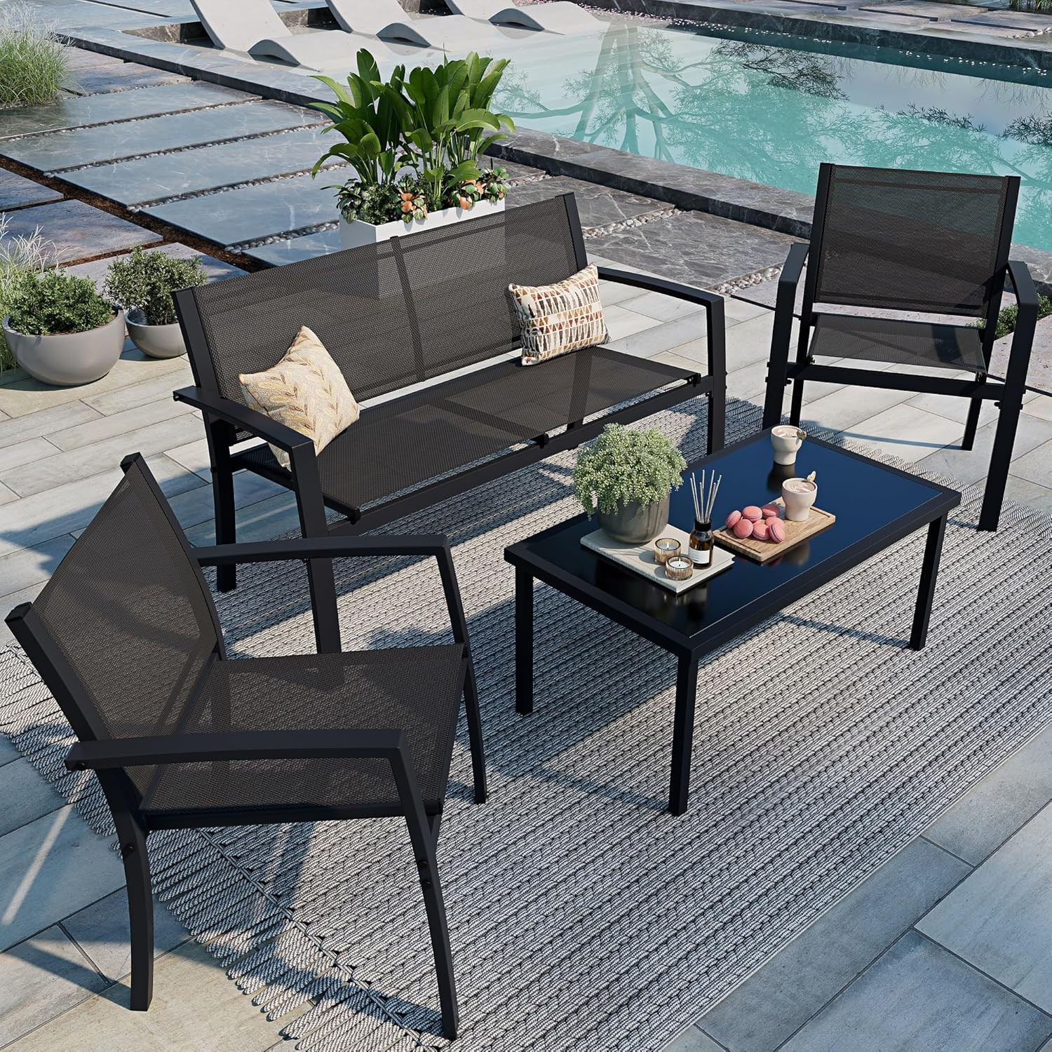 4 Piece Patio Furniture Set Outdoor Sofa Table Chairs Garden Black