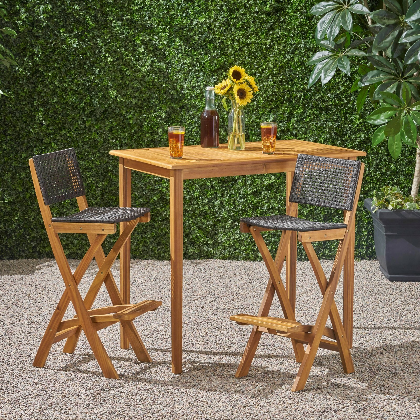 Elizabeth Outdoor 45″ Rectangular 3 Piece Wood and Wicker Bar Height Set