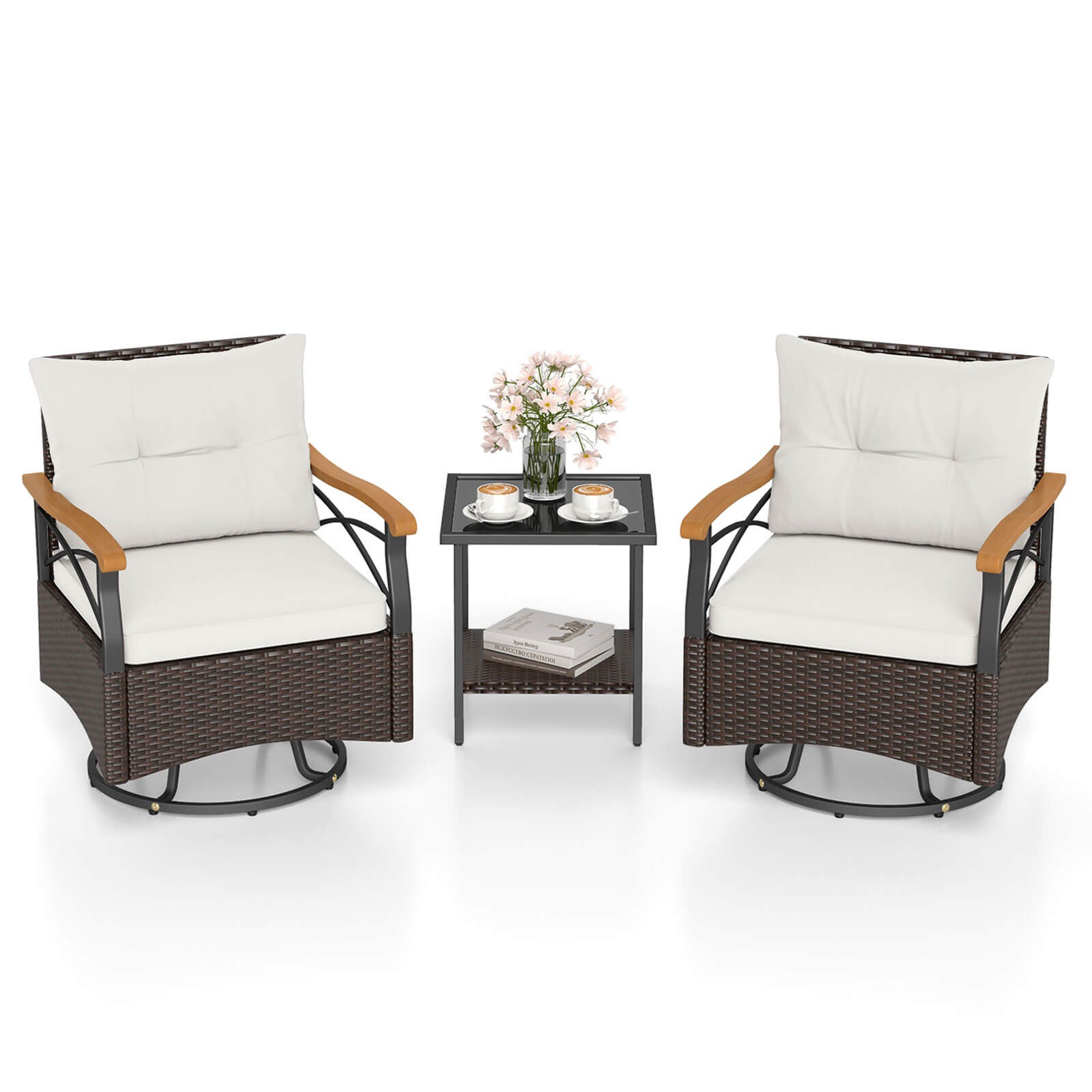 3 PCS Outdoor Swivel Chair Set w/ 2-Tier Tempered Glass Side Table Cushions