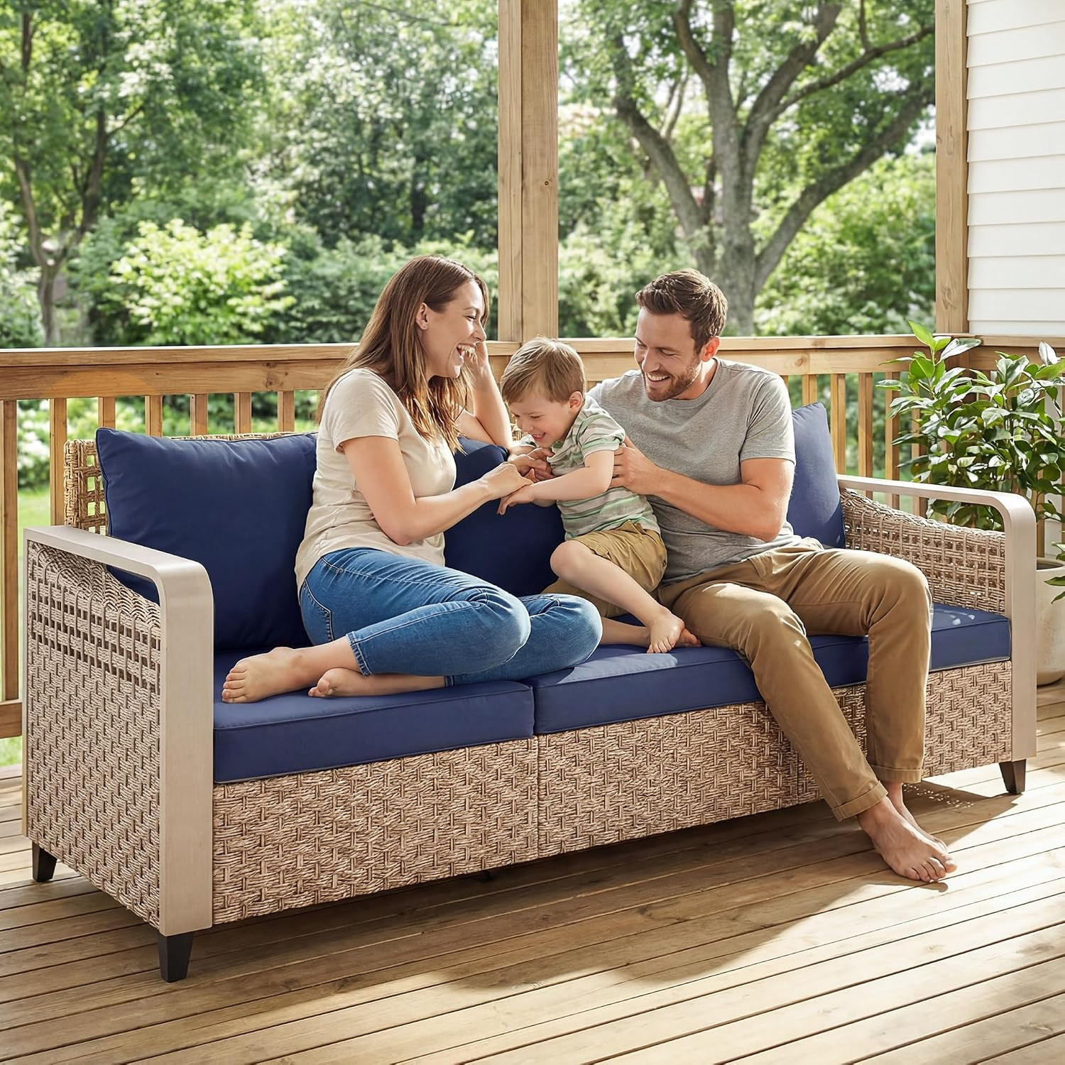 Outdoor Patio Couch with Wide and Deep Seat, 3 Seater Wicker Outdoor Sofa with W