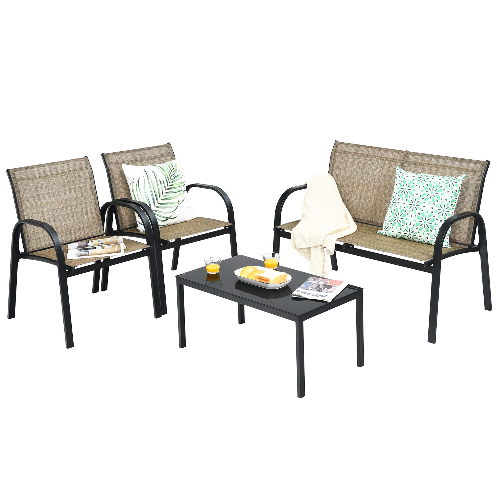 Costway 4 PCS Patio Furniture Set Sofa Coffee Table Steel Frame Garden Brown