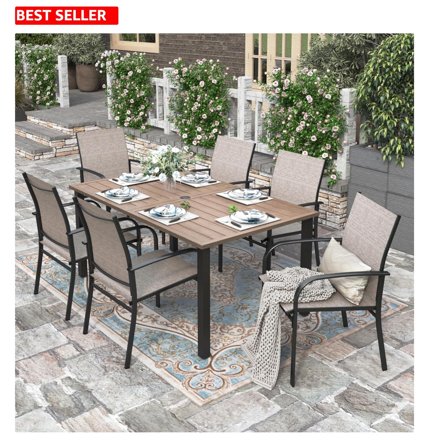 Modern Wood-Like Outdoor Dining Set for 6 – Breathable Chairs & Umbrella Hole