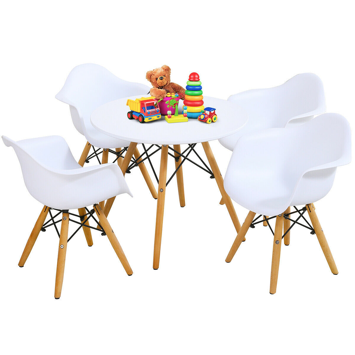 5 PC Kids Round Table Chair Set with 4 Arm Chairs White