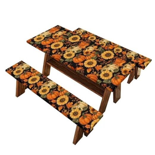 Picnic Table Cover with Bench Covers Large-8 foot Autumn Sunflower Pumpkin