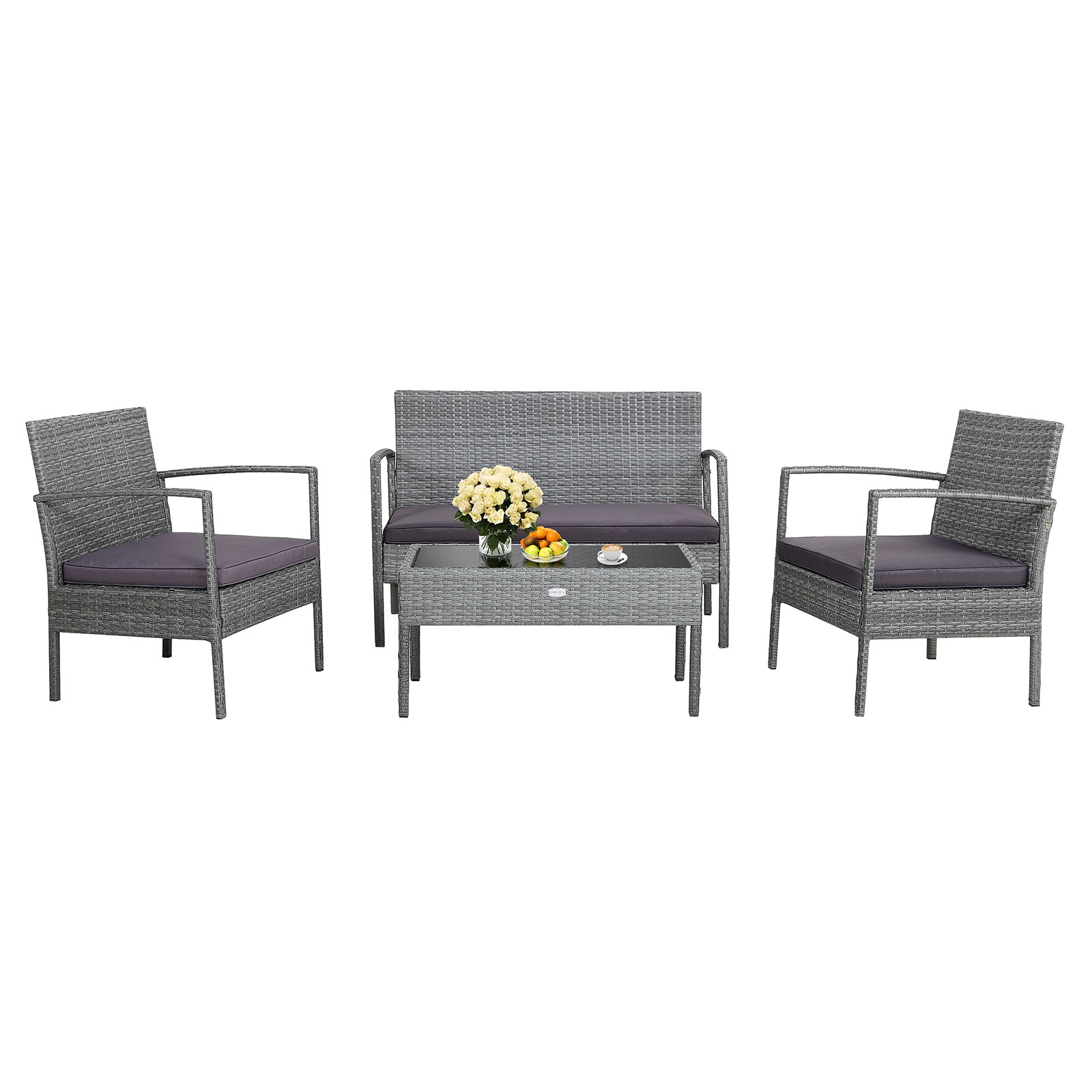 4 PCS Outdoor Rattan Furniture Set Patio Conversation Sofa Set Cushioned Grey