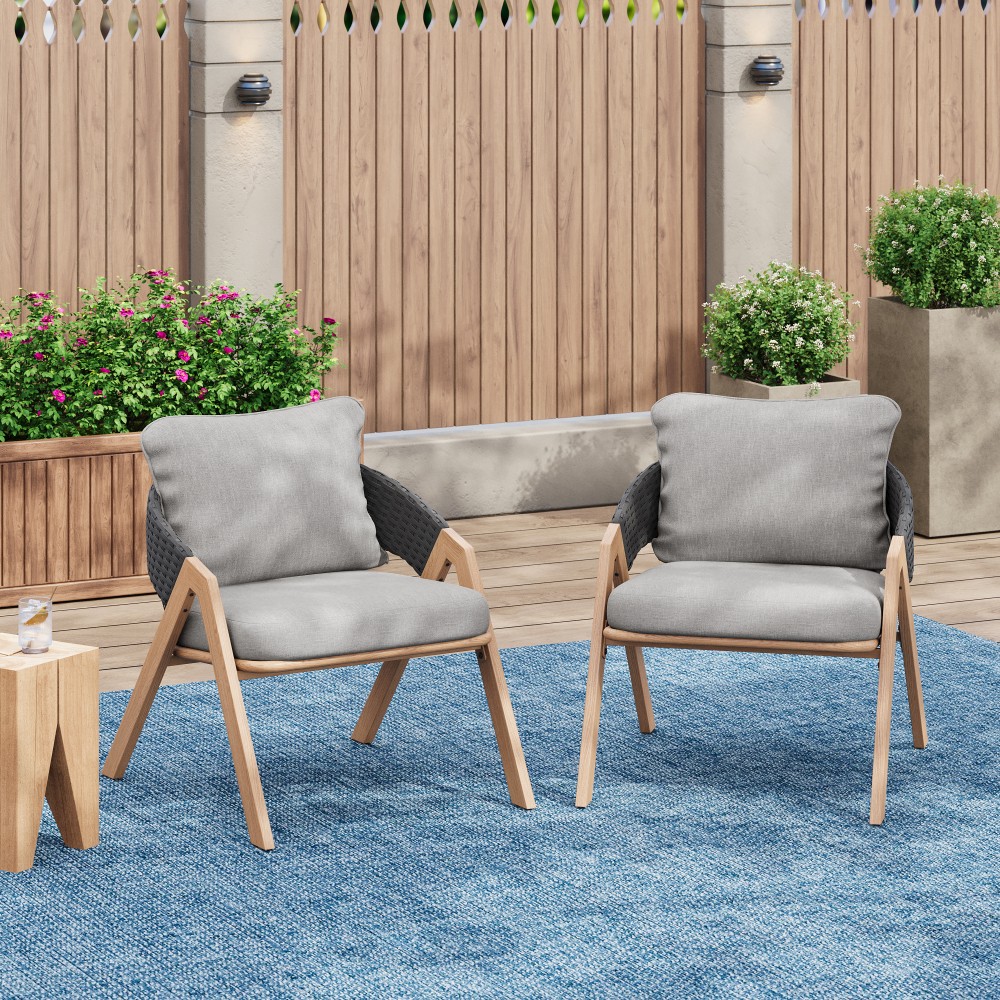Outdoor Rattan Patio Chair Set of 2 Grey Teak Metal Frame Water Resistant