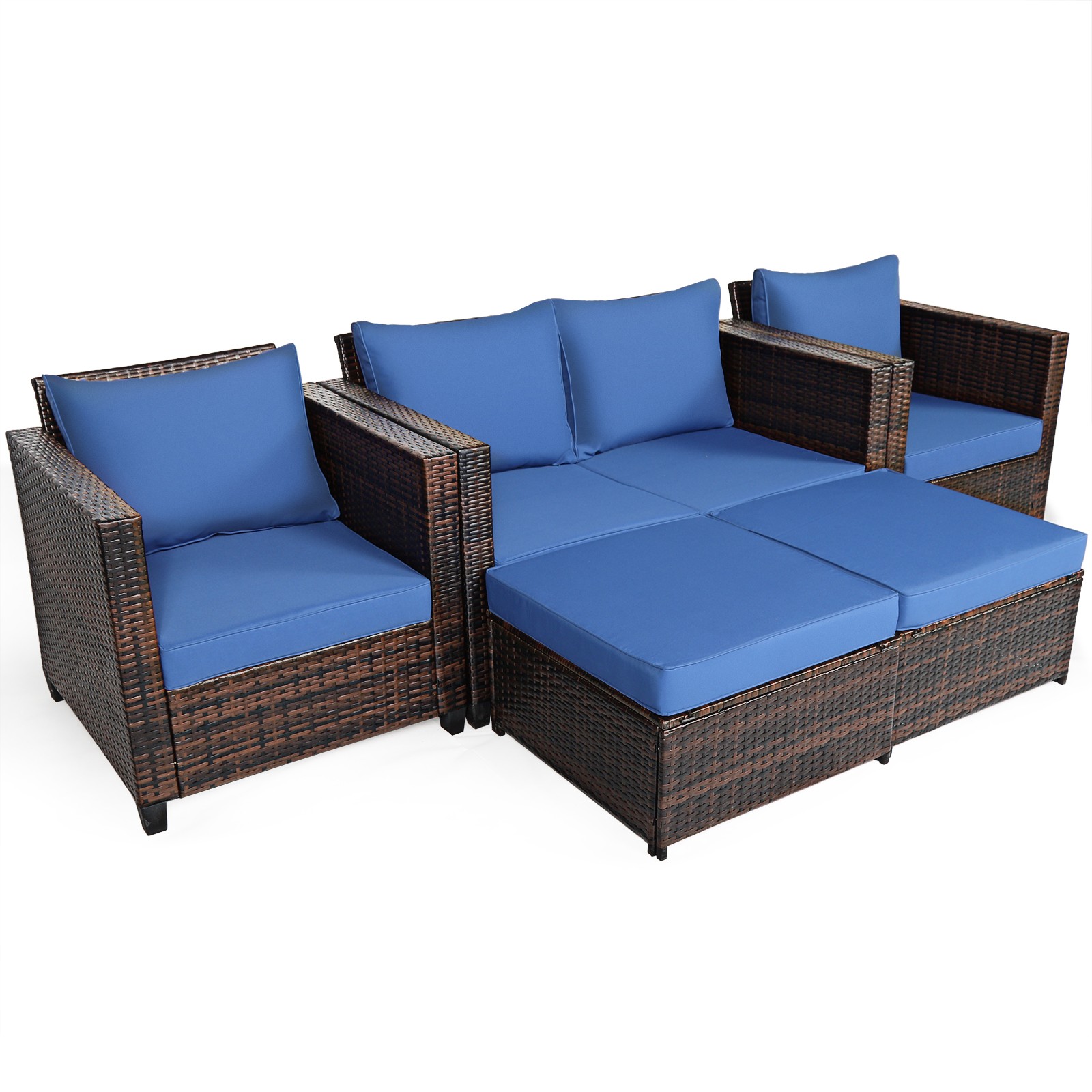 Patiojoy 5PCS Patio Rattan Furniture Set Loveseat Sofa Ottoman Cushioned Navy
