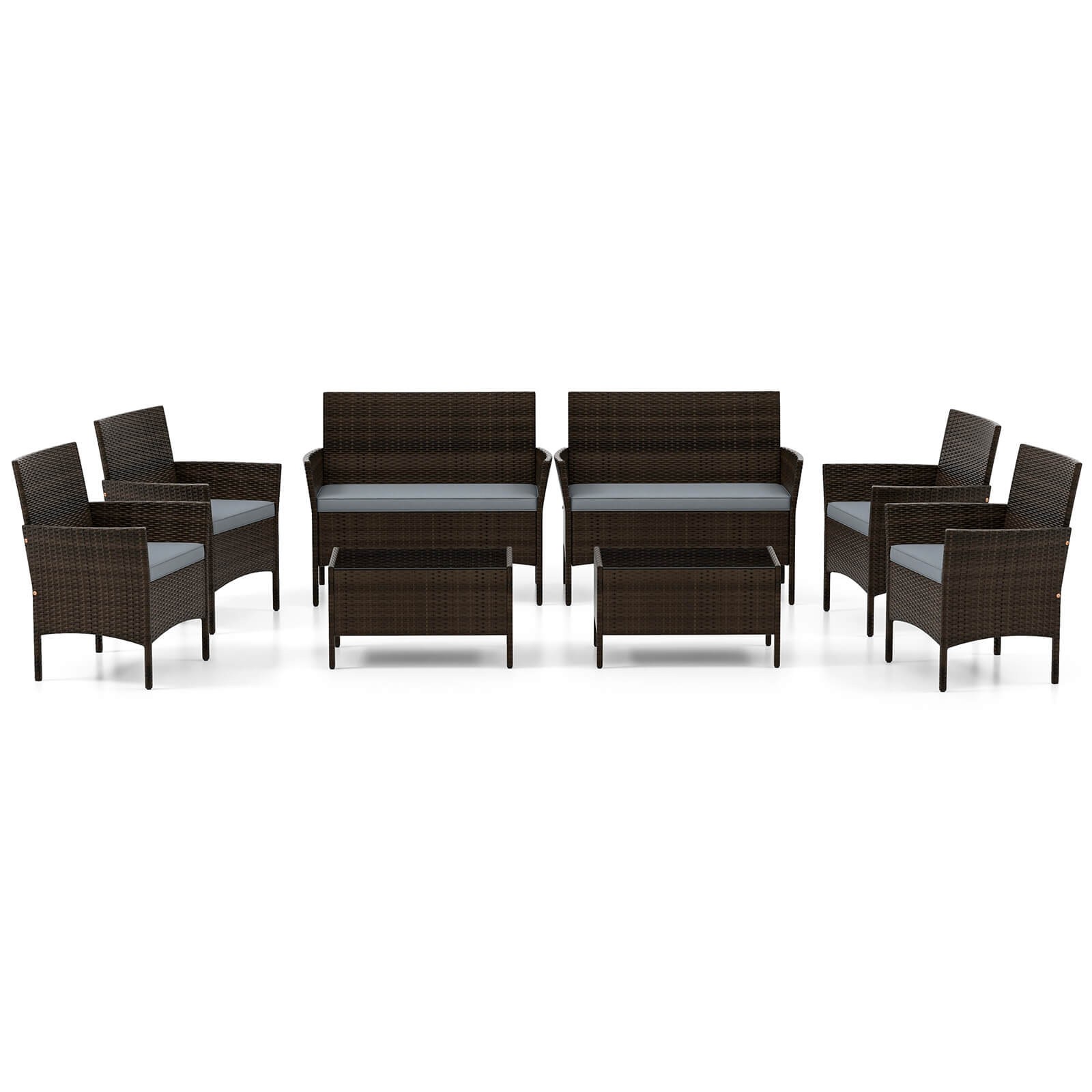Patio 8 PCS Furniture Set w/Washable Cushions and Tempered Glass Coffee Table