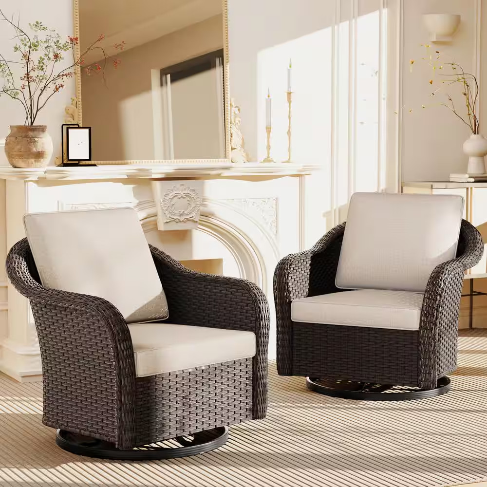 2-Piece Patio Wicker Swivel Outdoor Rocking Chair Set with Beige Cushions
