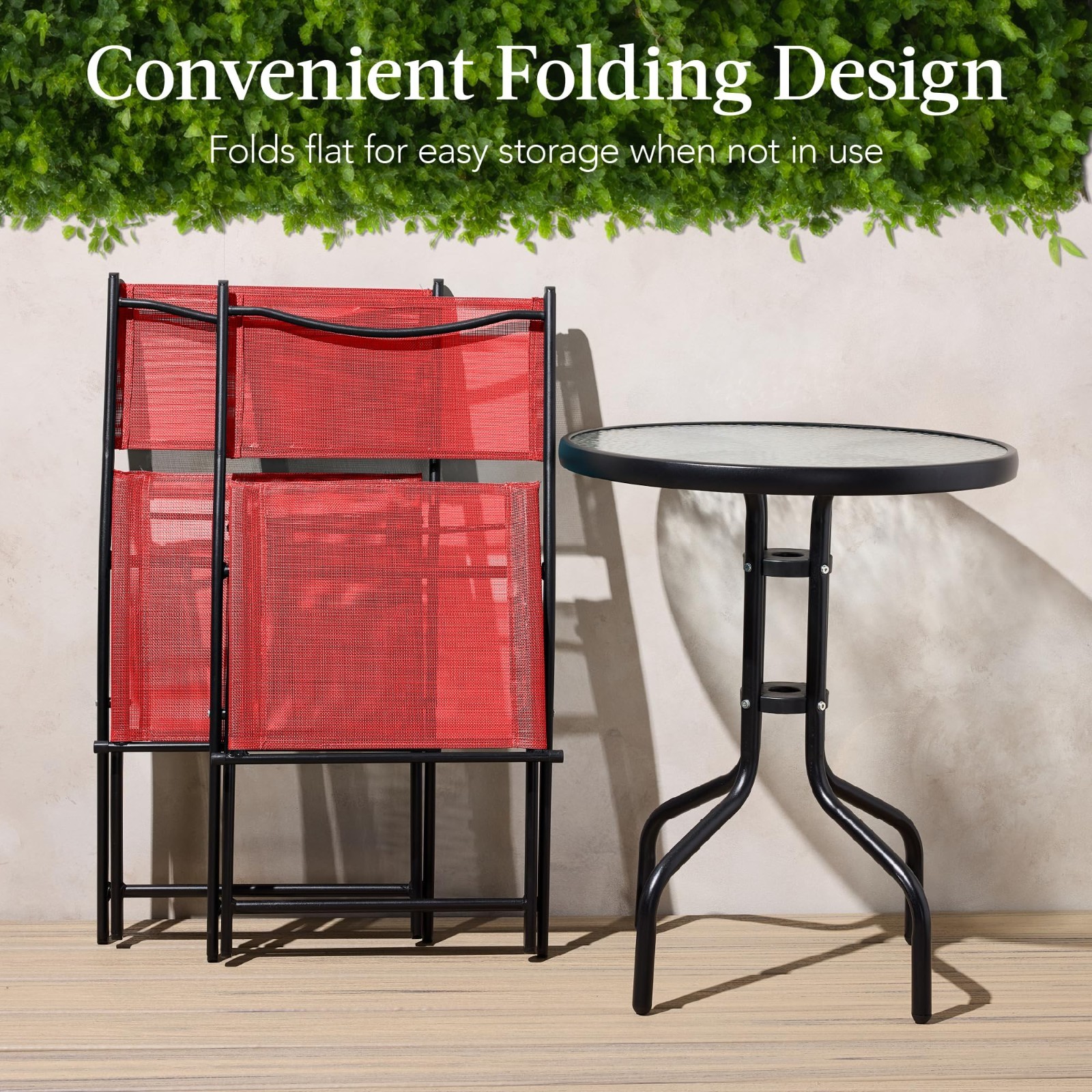 3-Piece Patio Bistro Dining Set, Textured Glass Table, 2 Folding Steel Chairs, R