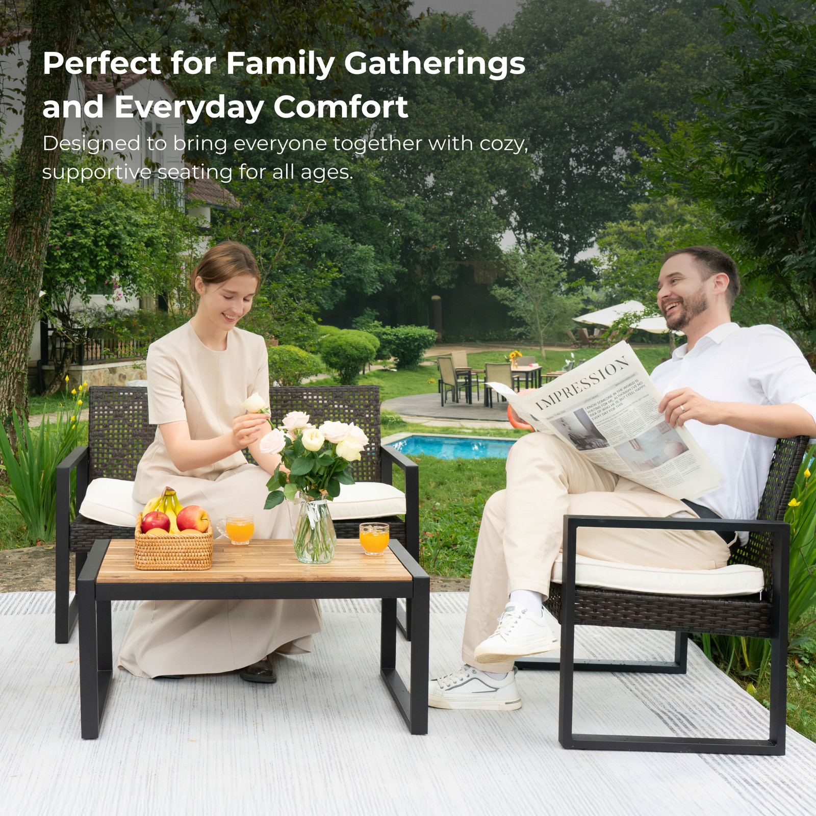 4-Piece Patio Furniture Set Acacia Wood Rattan Brown Beige Outdoor Sofa Set