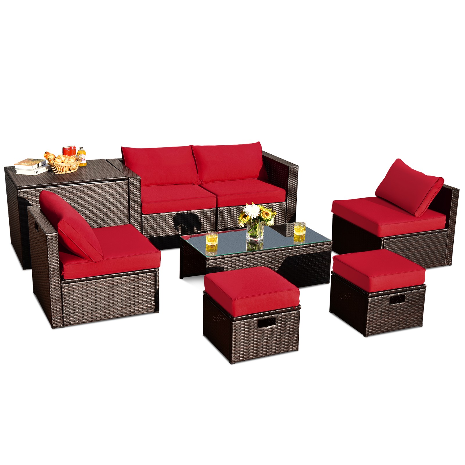 8PCS Patio Rattan Furniture Set Space-Saving Storage Cushion W/Cover Red