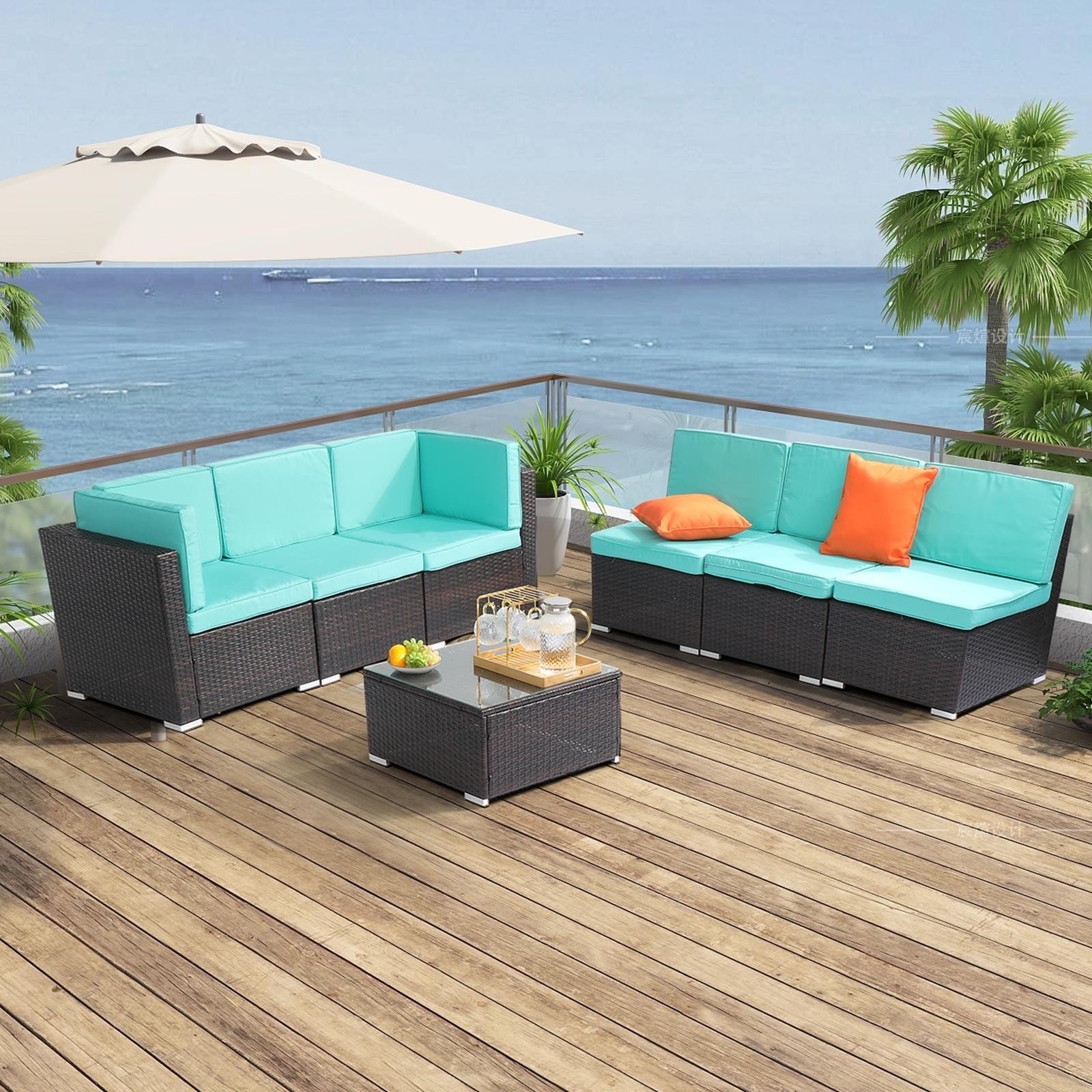 7 Pcs Patio Rattan Sofa Set Outdoor Wicker Sectional Furniture w/Table Lake Blue