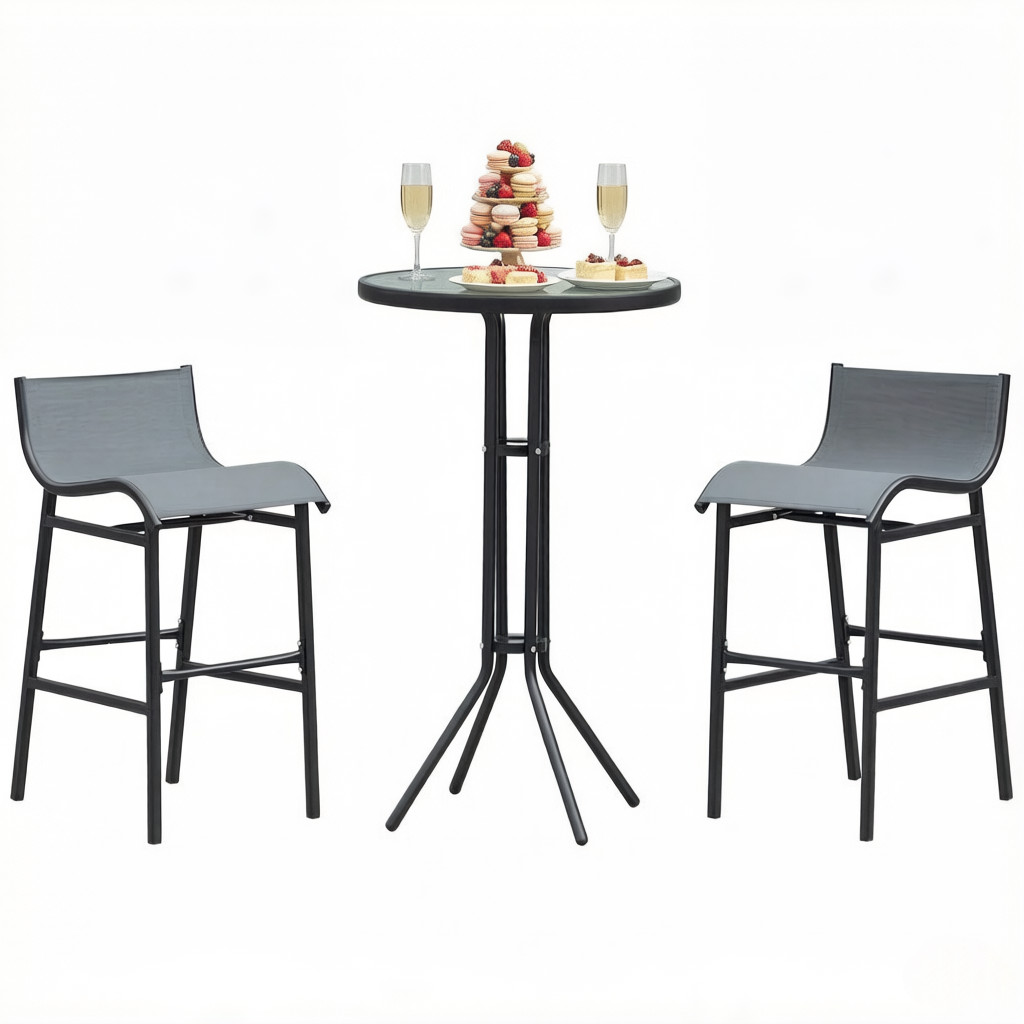 Modern Bistro Set Garden Dining Furniture Black Gray Metal Mesh