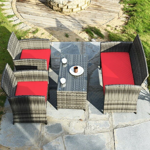 FOUR PIECE PATIO FURNITURE Red. (One Table, One Couch, Two Single Chairs).