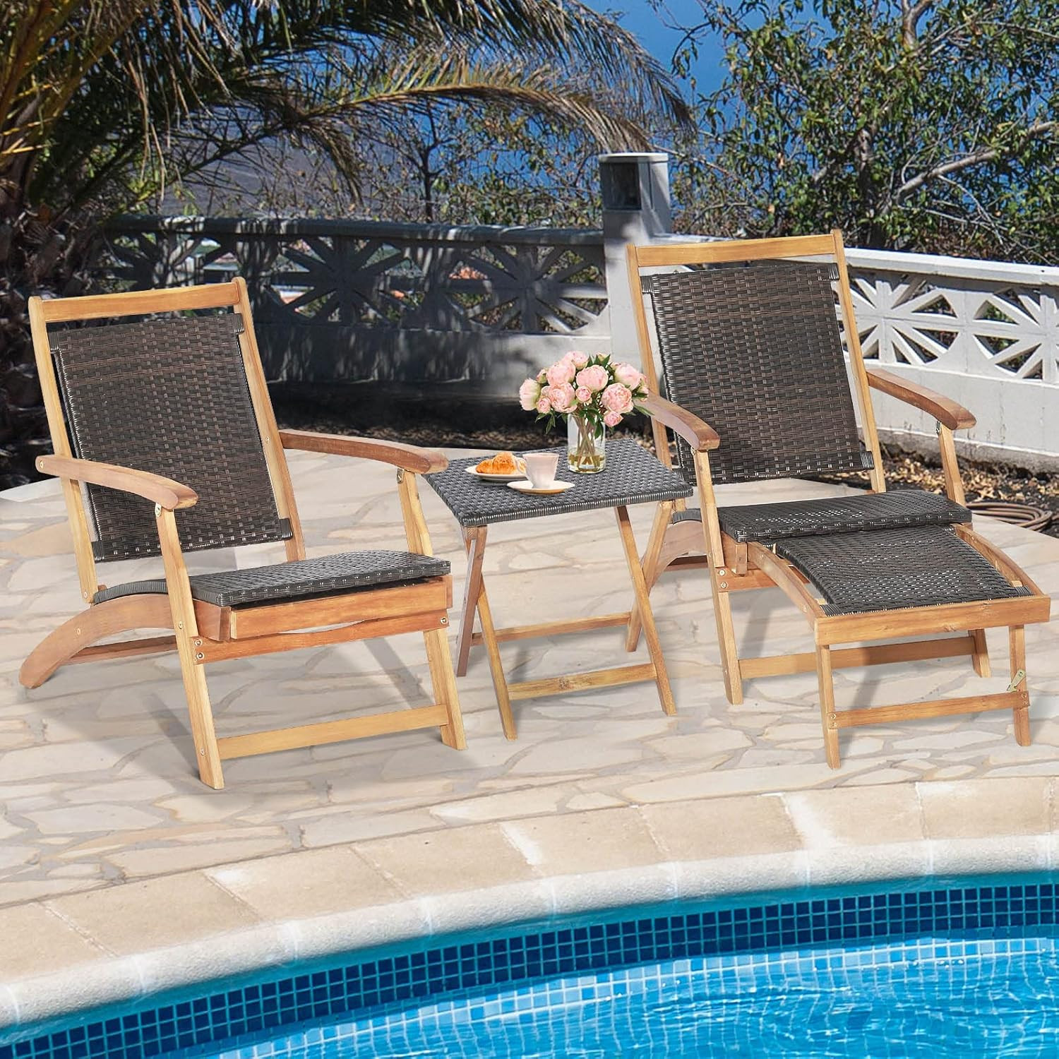Patio Lounge Chair and Side Table Set of 2, Acacia Wood Wicker Folding Table and