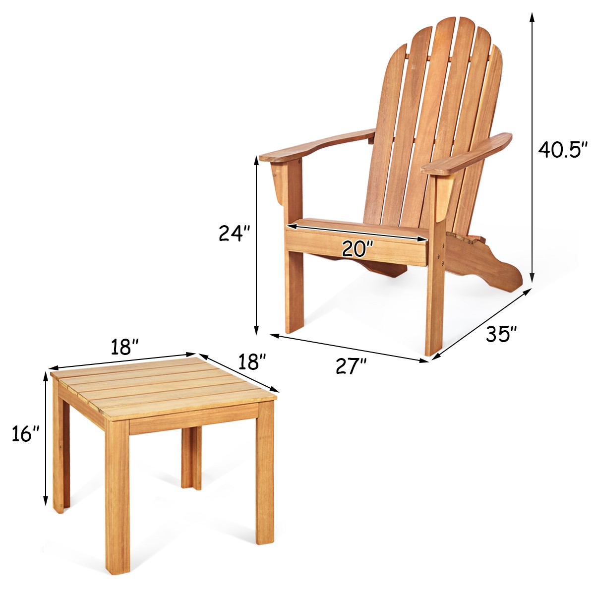 3PCS Patio Adirondack Chair Table Set Garden Deck Furniture
