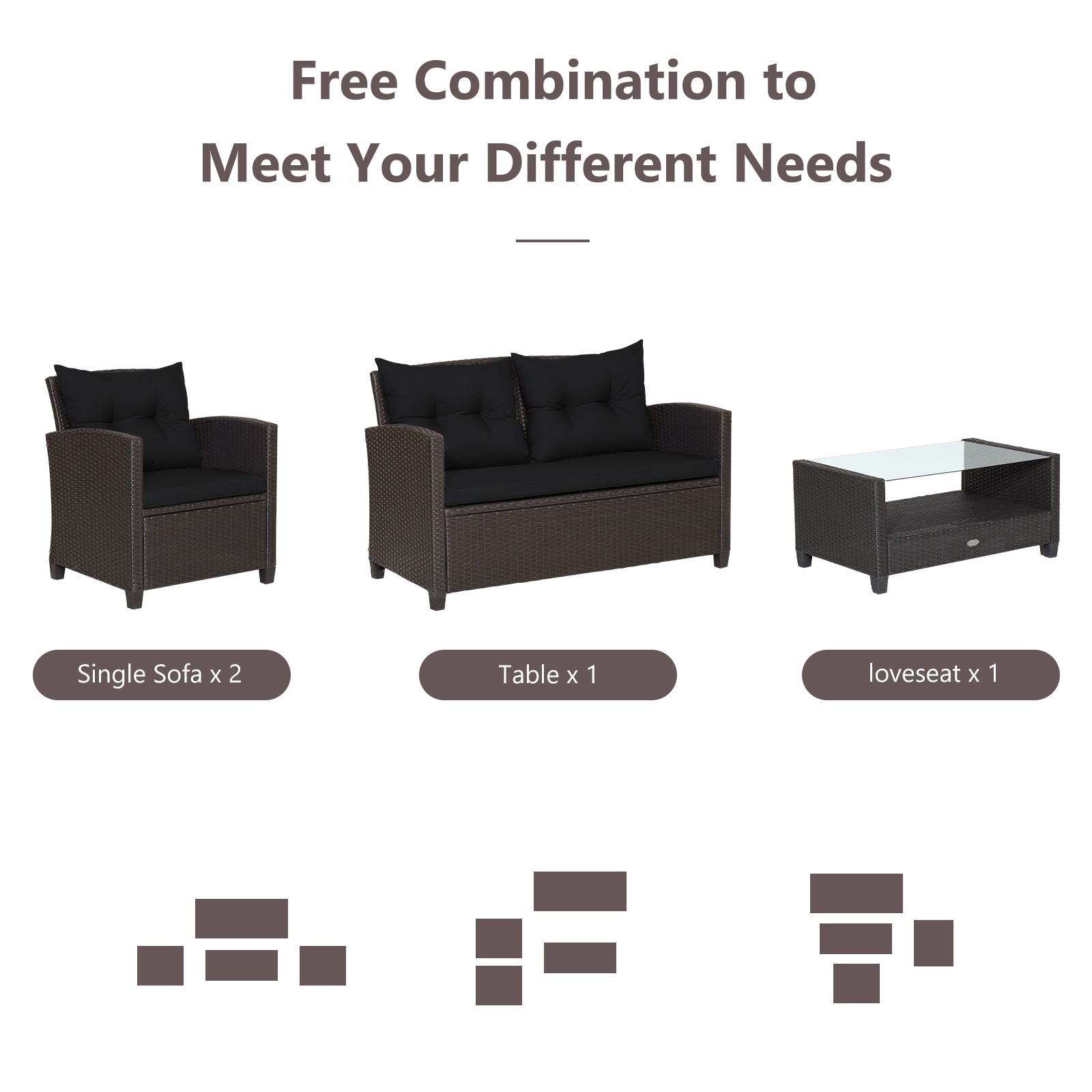 Patiojoy Patio Rattan 4PCS Cushioned Chair Coffee Table Classic Furniture Set