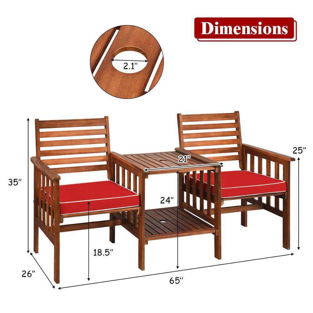 3-Piece Brown Outdoor Loveseat with Red Cushions and Center Wood Table