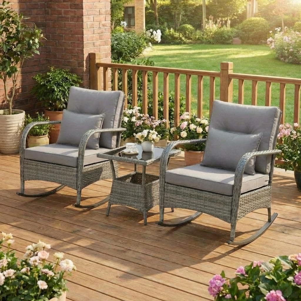 Outdoor Wicker Rocker Set 3 Piece, Patio Furniture w/ Table & High Back Cushions