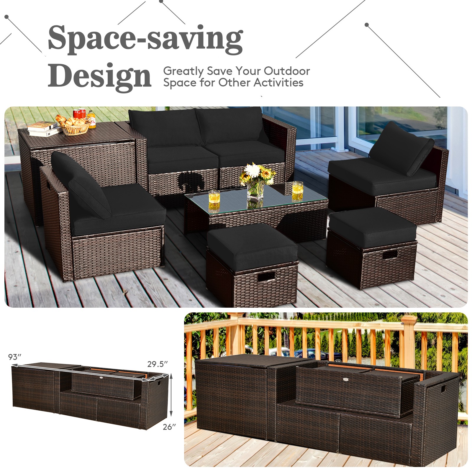 Patiojoy Patio 8PCS Rattan Furniture Set Space-Saving Storage Cushion Black