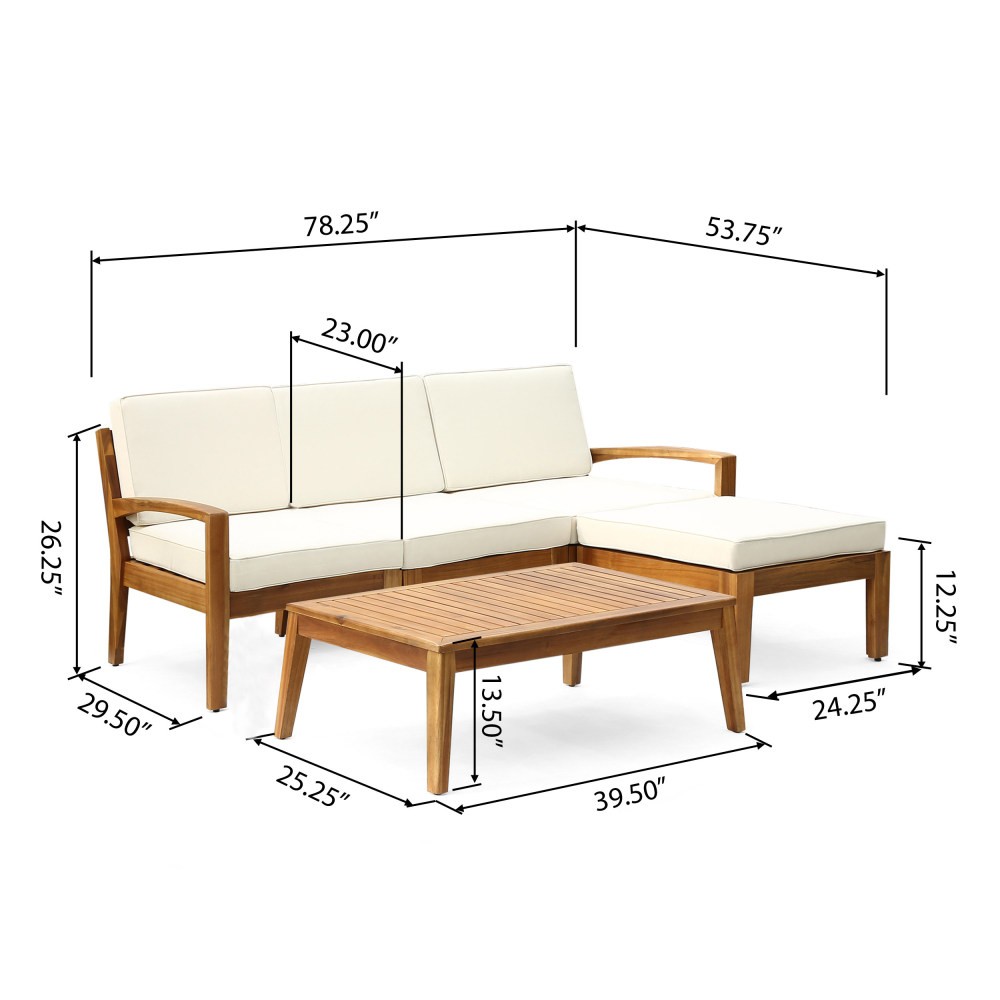 3-Piece Acacia Wood Patio Sectional Set L-Shaped Outdoor Sofa Garden Couch Set