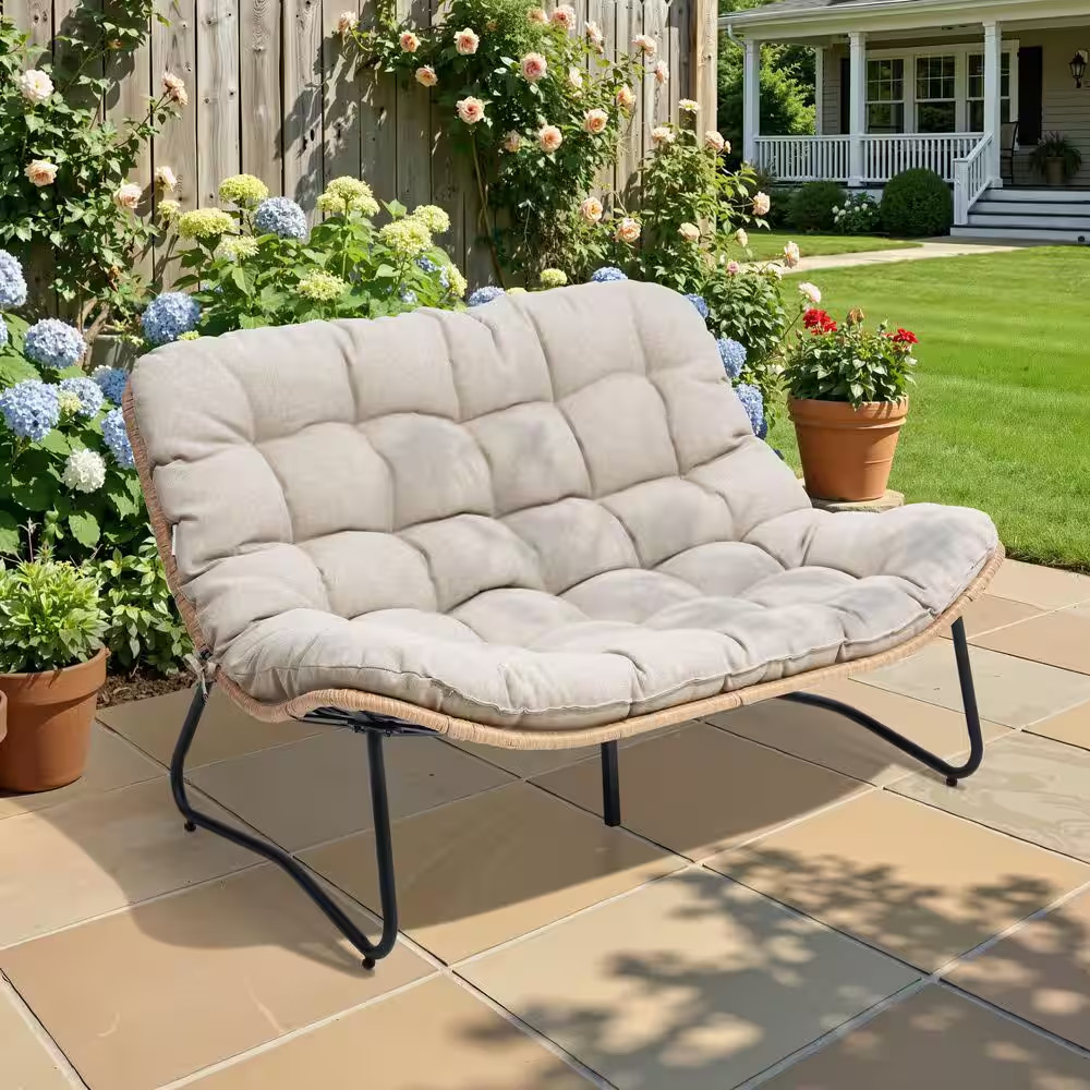 1-Piece Metal Frame Brown Faux Rattan Wicker Outdoor Loveseat with Beige Cushion