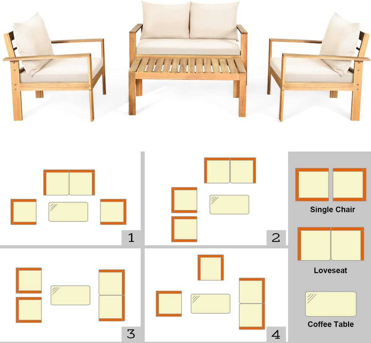 Acacia Wood 4-Piece Outdoor Chat Set with Water Resistant Cushions – White