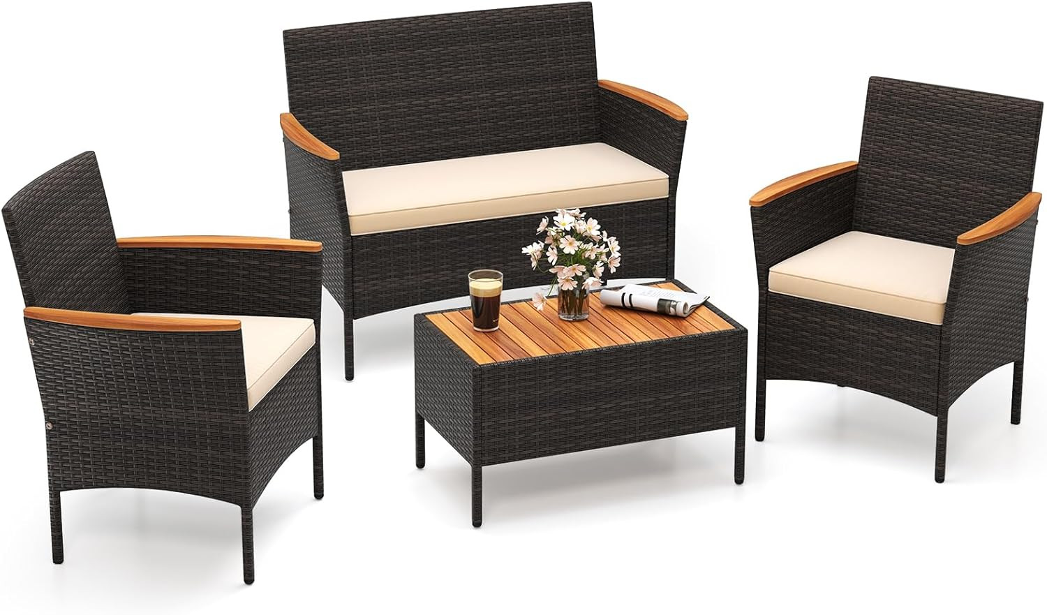 4-Piece Outdoor Wicker Sofa Set with Cushions & Acacia Wood Accents