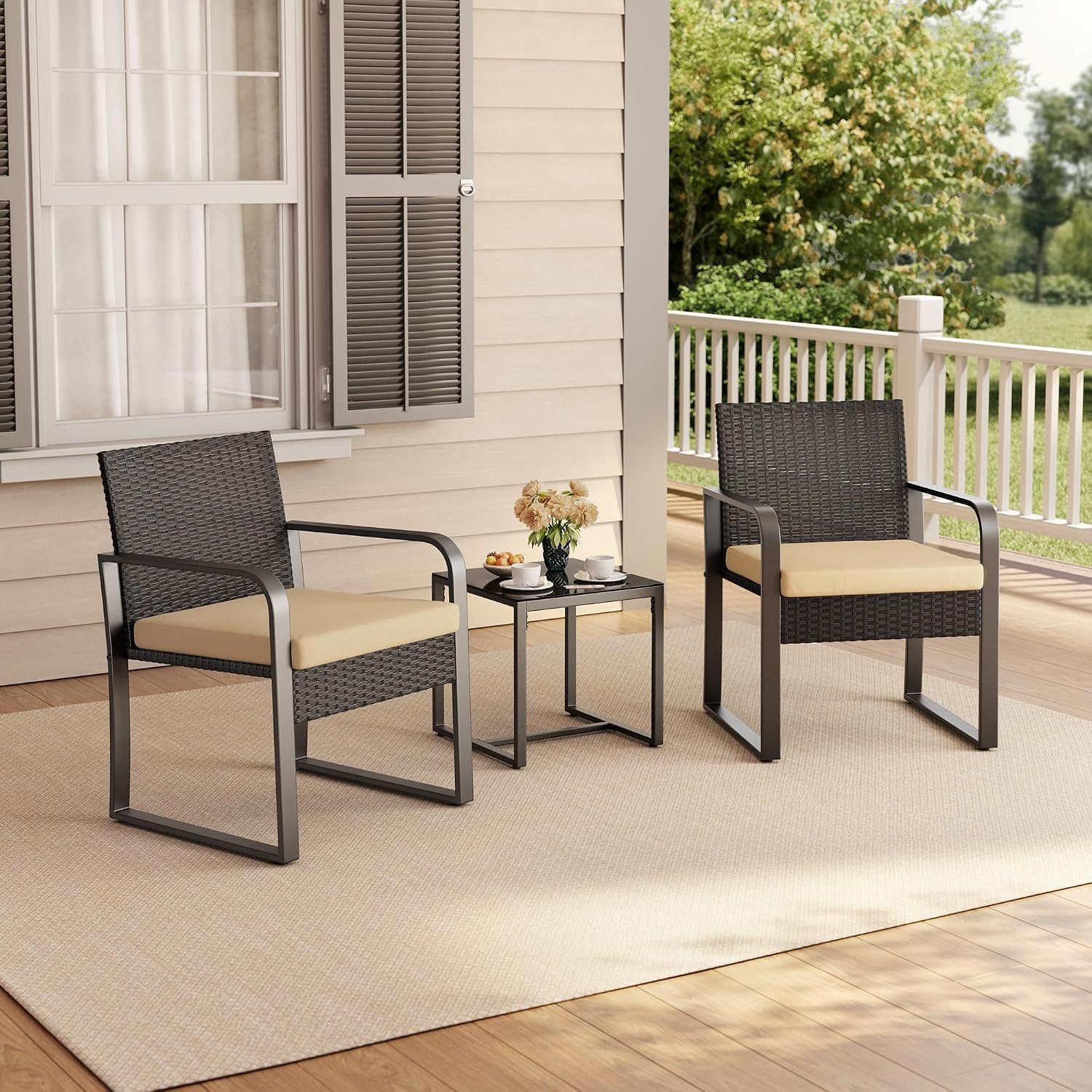 3 Pieces Patio Bistro Sets, Outdoor Rattan Conversation with Glass Table, Wicker
