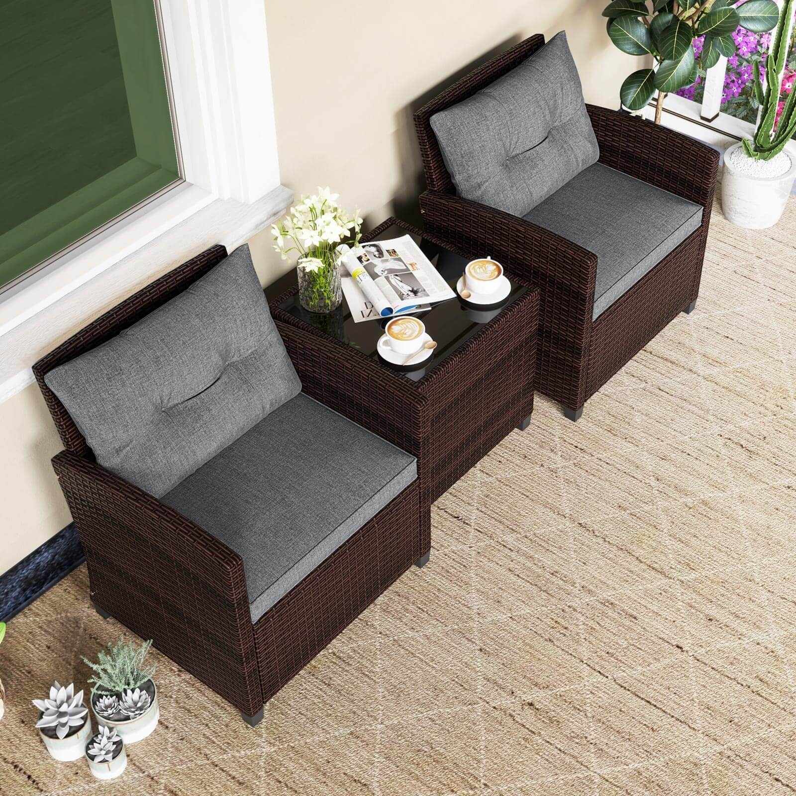 3PCS Patio Rattan Furniture Set Cushioned Conversation Set Sofa Turquoise