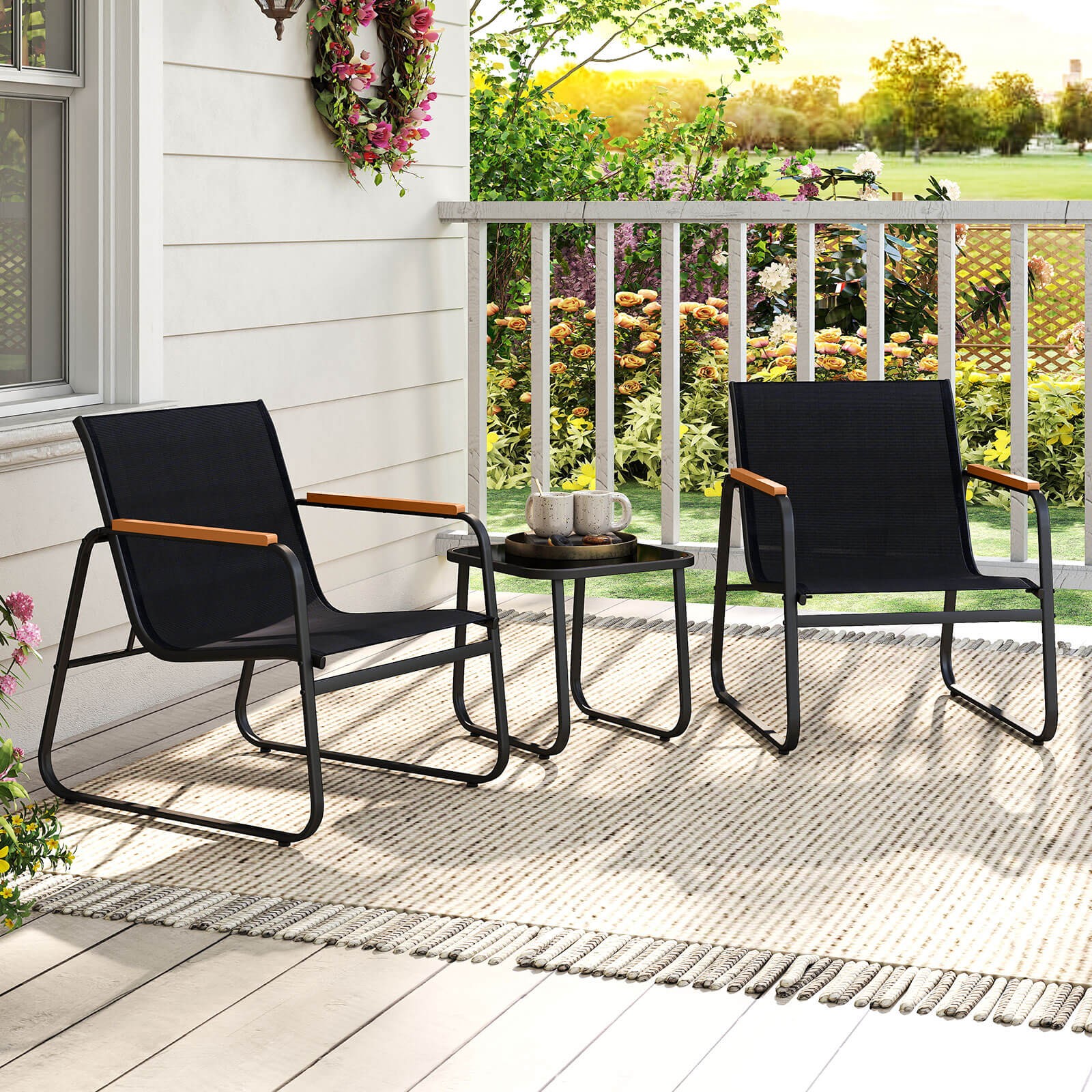 3PCS Patio Bistro Set w/Cushions & Tempered Glass Coffee Table for Lawn, Balcony