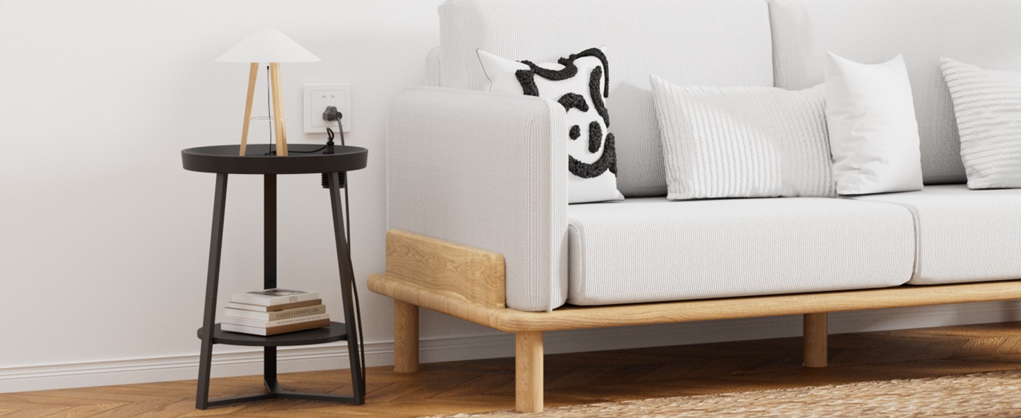 Round End Table with Stora Shelf, 2 Tier Farmhouse Side Table
