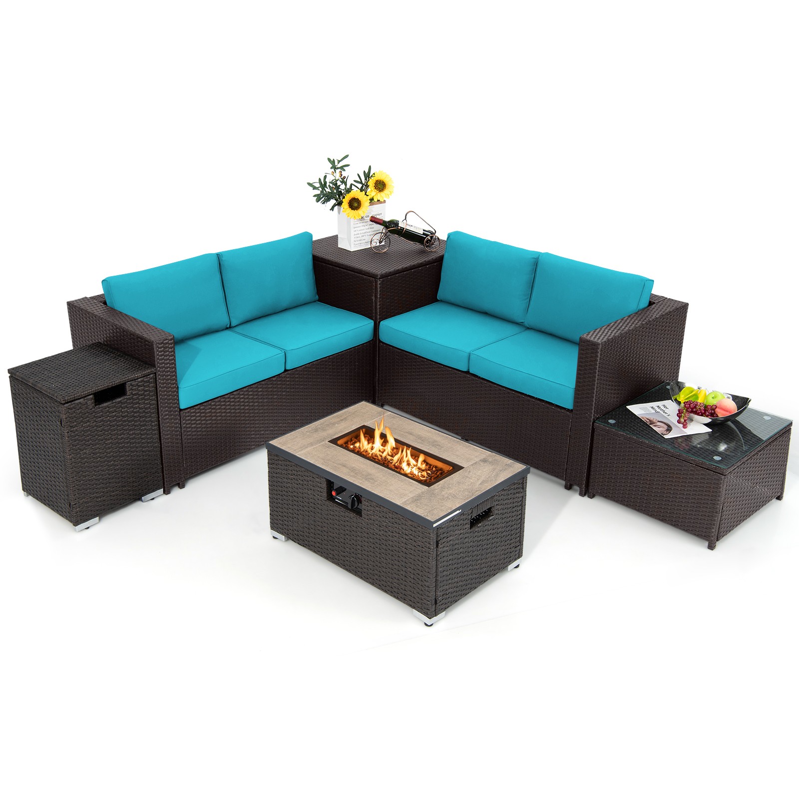 6PCS Patio Rattan Furniture Set 32″ Fire Pit Table Tank Holder W/Cover Turquoise