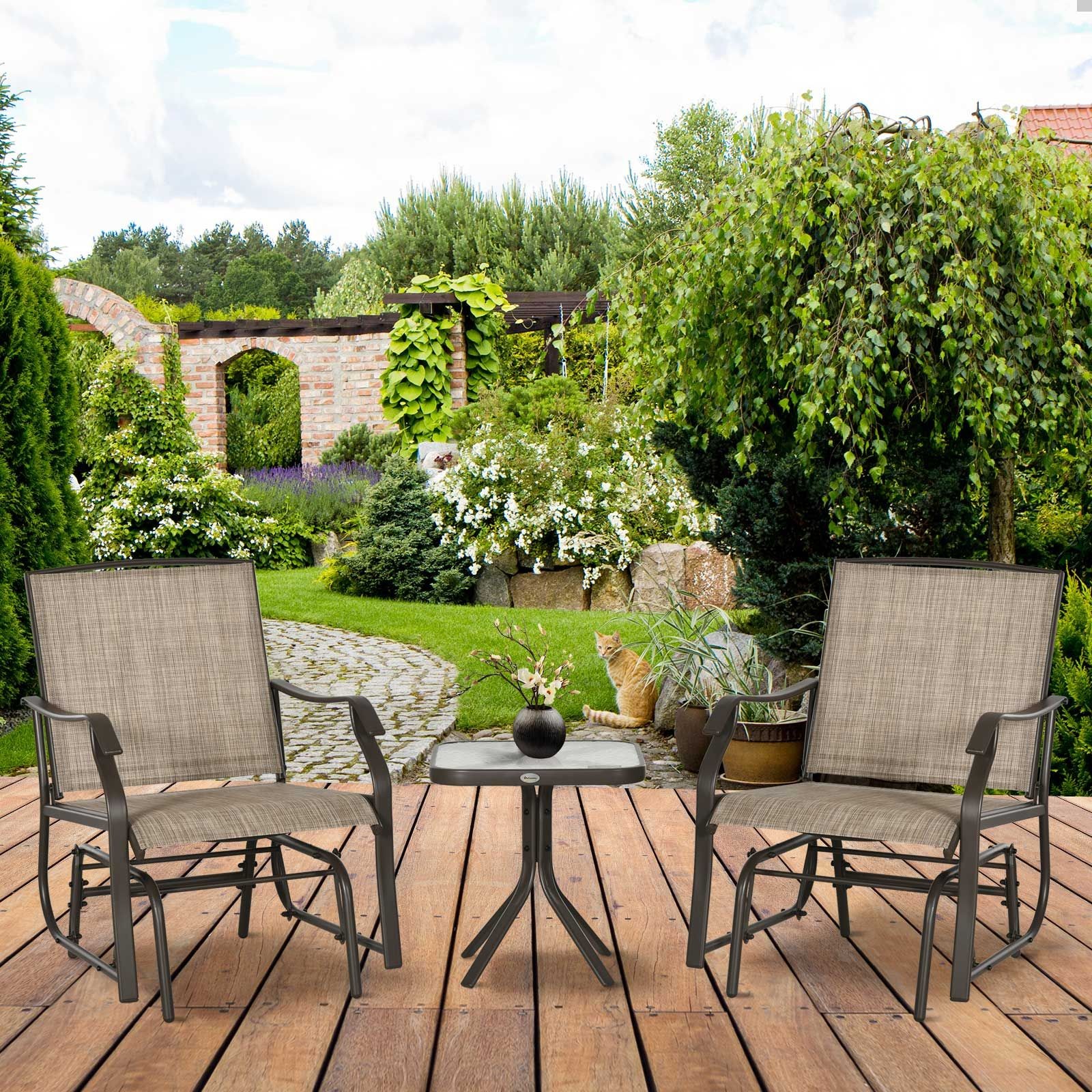 Outdoor Rocker Set: 2 High-Back Gliders & 19″H Glass Table, 352lb Capacity