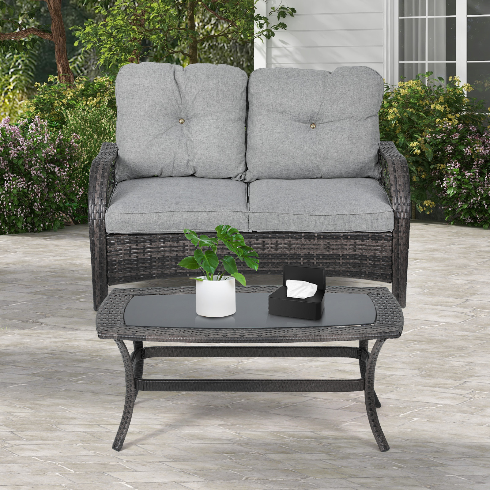 2 Set of Patio PE Rattan Furniture Set All-Weather Sofa Coffee Table w/Cushion
