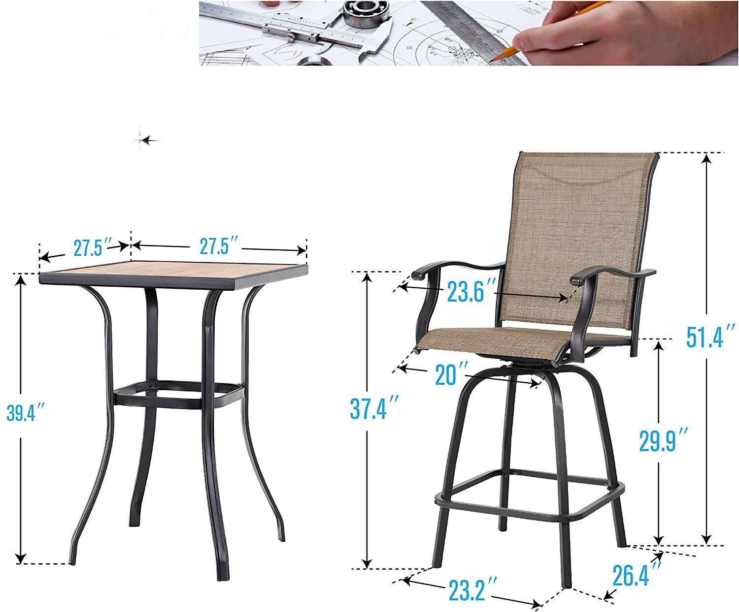 Outdoor Patio Bar Table Set of 3 Swivel Bar Chair Bar Height Barstools