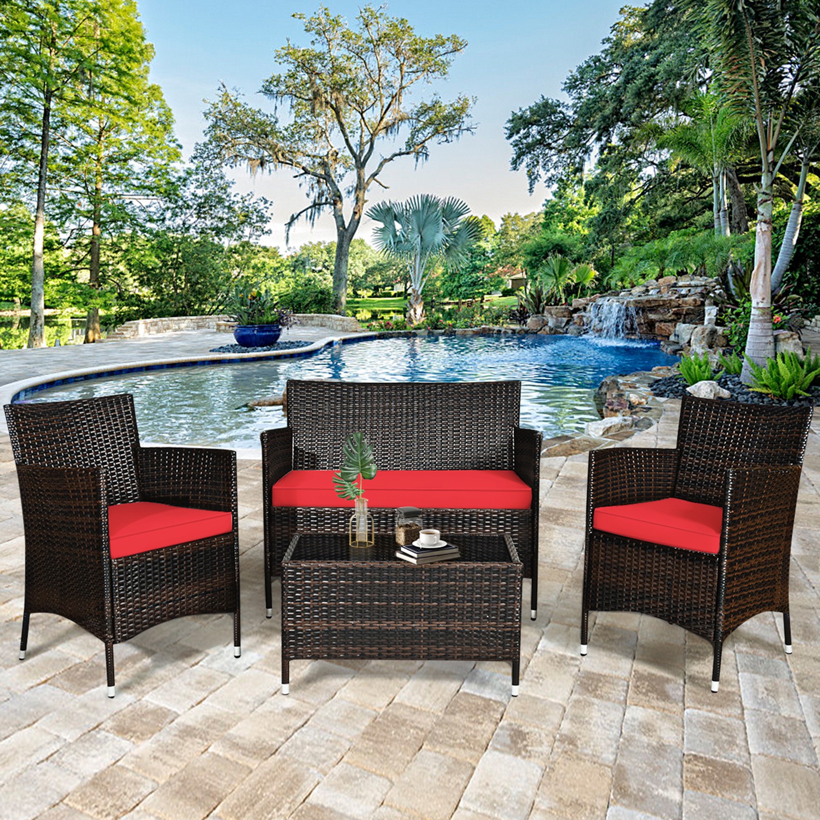 8PCS Patio Rattan Conversation Furniture Set Outdoor w/ Red Cushion